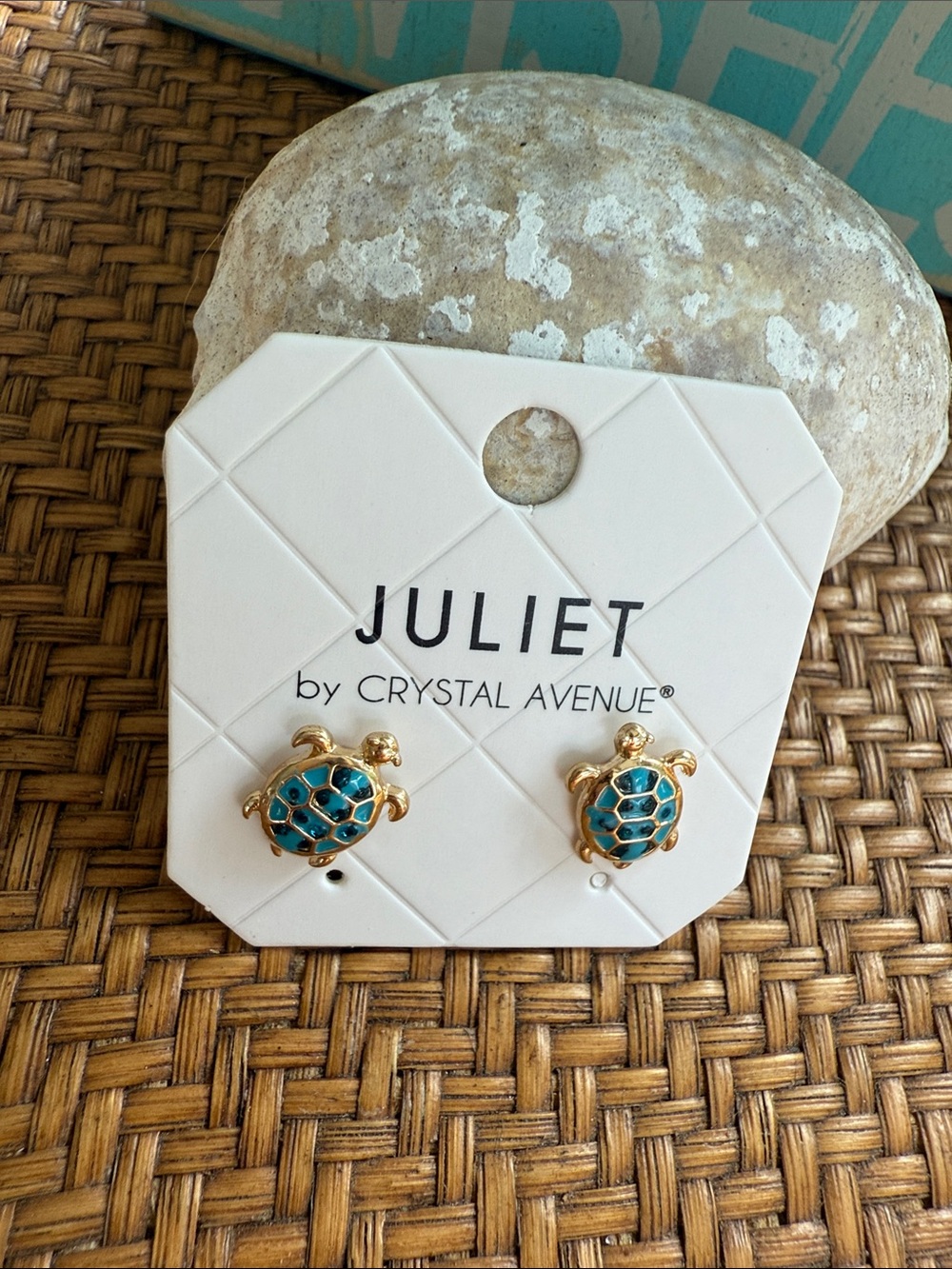 Gold Turtle Stud Earrings with Teal Crystal Shell - Picture 3 of 6